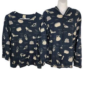 Jess & Jane Womens Hoodie T Shirt Set Lg Embellished Shoes Purses Full Zip Black